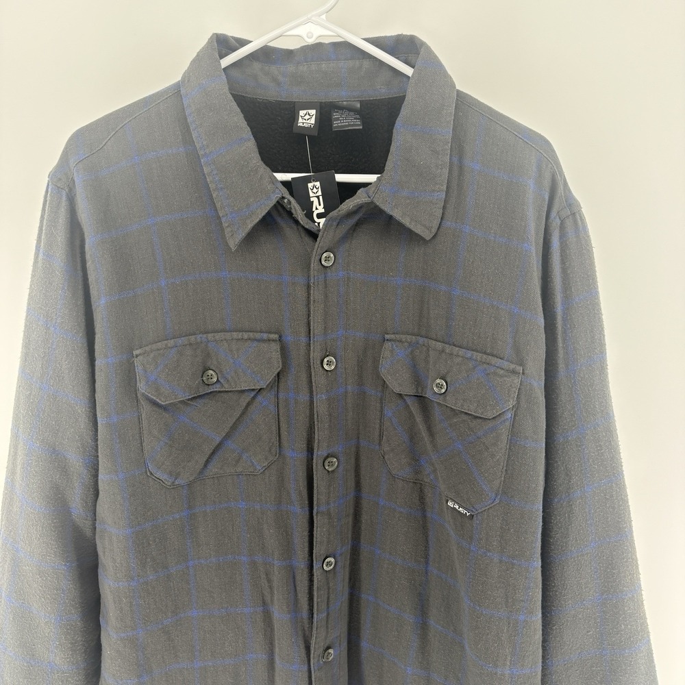 Rusty Men XL Flannel Shirt NWT Gray Blue Plaid Sherpa Lined Heavyweight Workwear